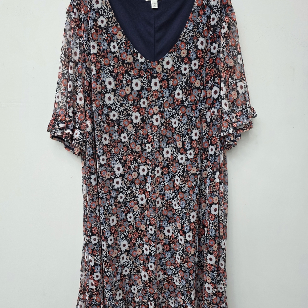 Floral V-Neck Dress with Ruffle Sleeves